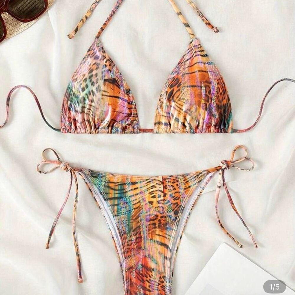 SHEIN Tiger Tie Triangle Swimwear Women's Orange Blue Bikini Set 2 Piece MEDIUM